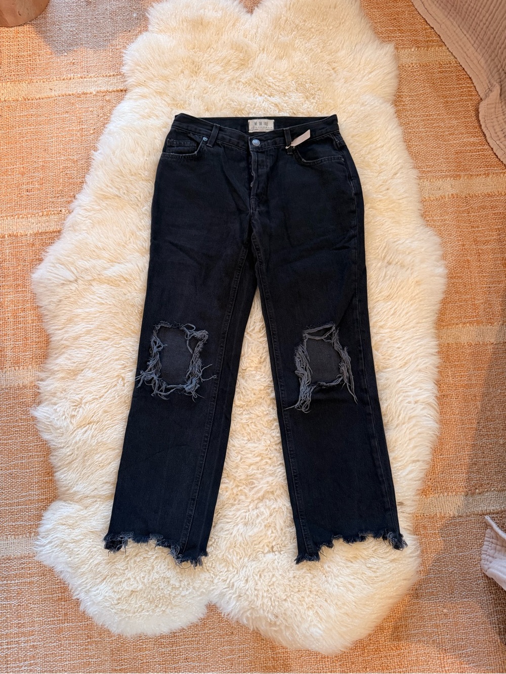 We The Free Black Distressed Straight-Leg Jeans